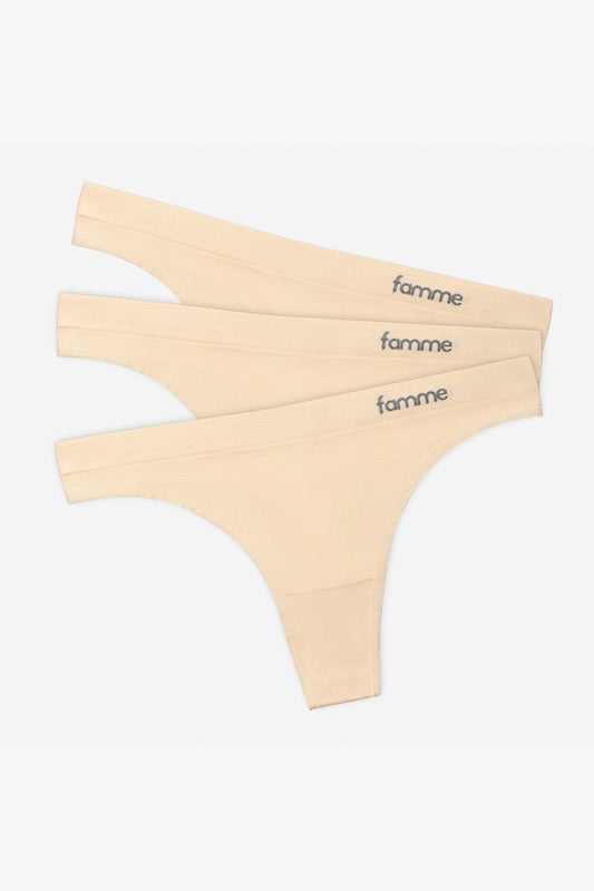 Beige 3-Pack Invisible Seamless Thong - for dame - Famme - Underwear & Socks
